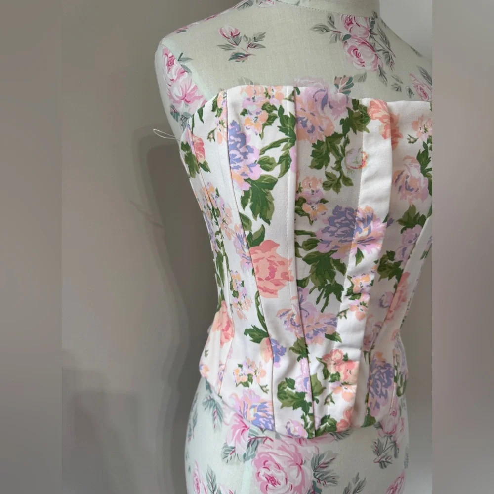 Zara Floral Strapless Corset Top in Pink with Green Accents - Picture 2 of 16